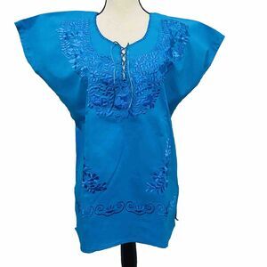 Embroidered Mexican Blouse Large Blue Embroidered Blouse
